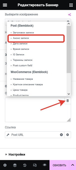 Кнопка выбора Elementor dynamic описания