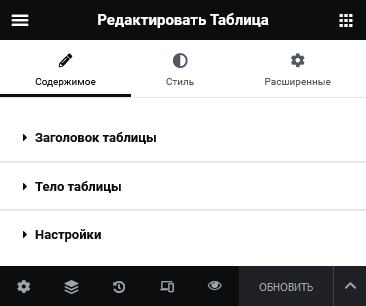 Вкладка содержимое в таблице elementor